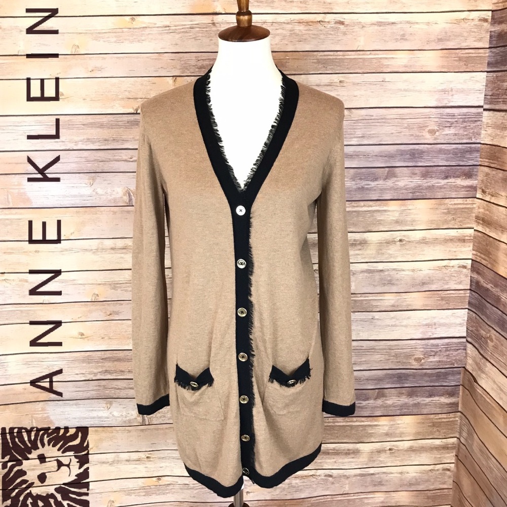 Anne Klein Contrasted Frayed Cardigan Sweater M